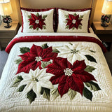 Juego de cama de acolchado de 3 piezas - Diseño de Poinsettia de invierno
